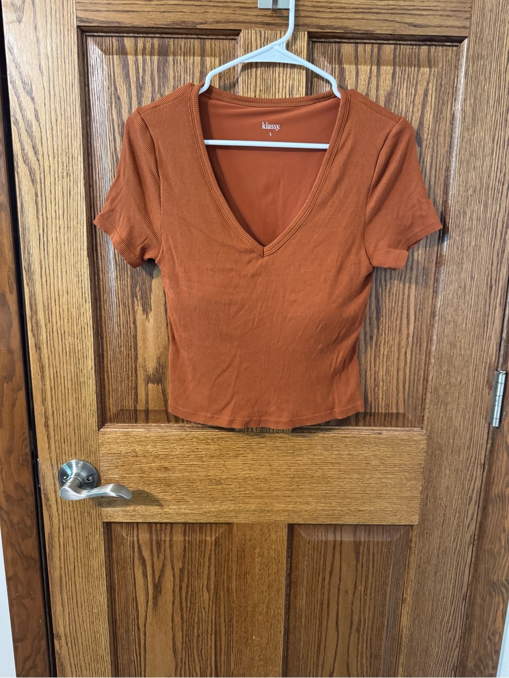 Rust V-Neck Short Sleeve Women's Top with built in bra